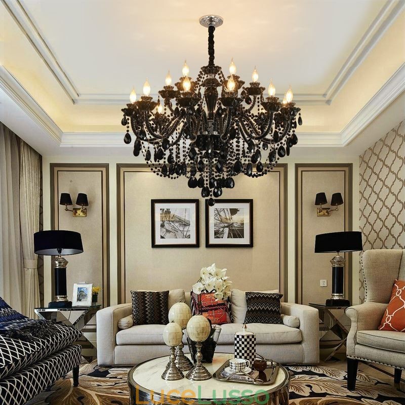 Lampadario di cristallo di lusso in stile europeo, luce pendente nera
