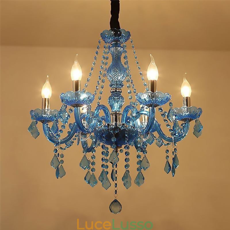 Lampadario in cristallo blu in stile europeo, luce pendente unica