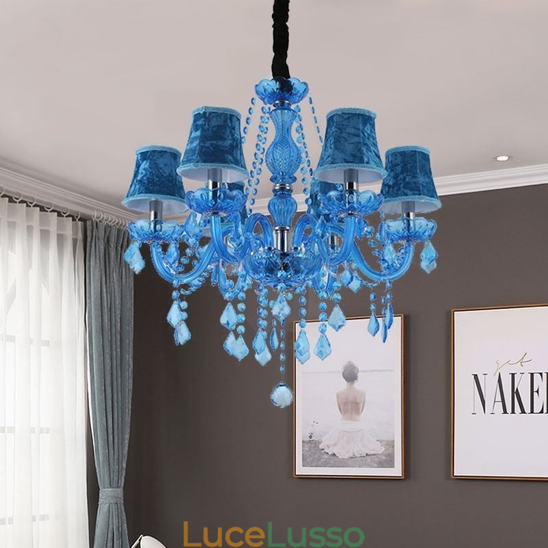 Lampadario in cristallo blu in stile europeo, luce pendente unica