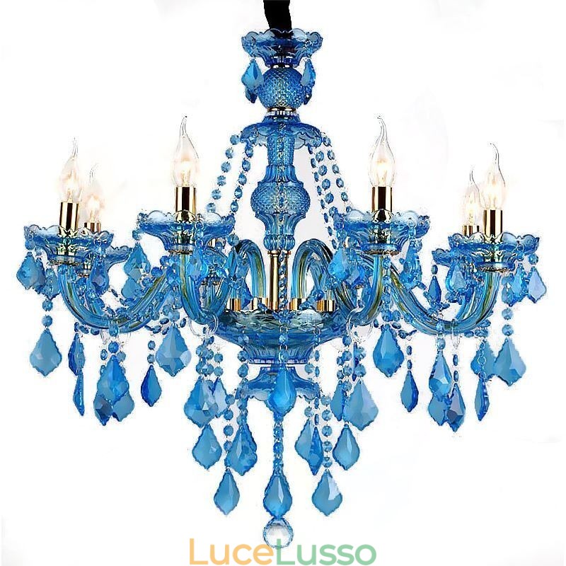 Grande lampadario di cristallo blu europeo