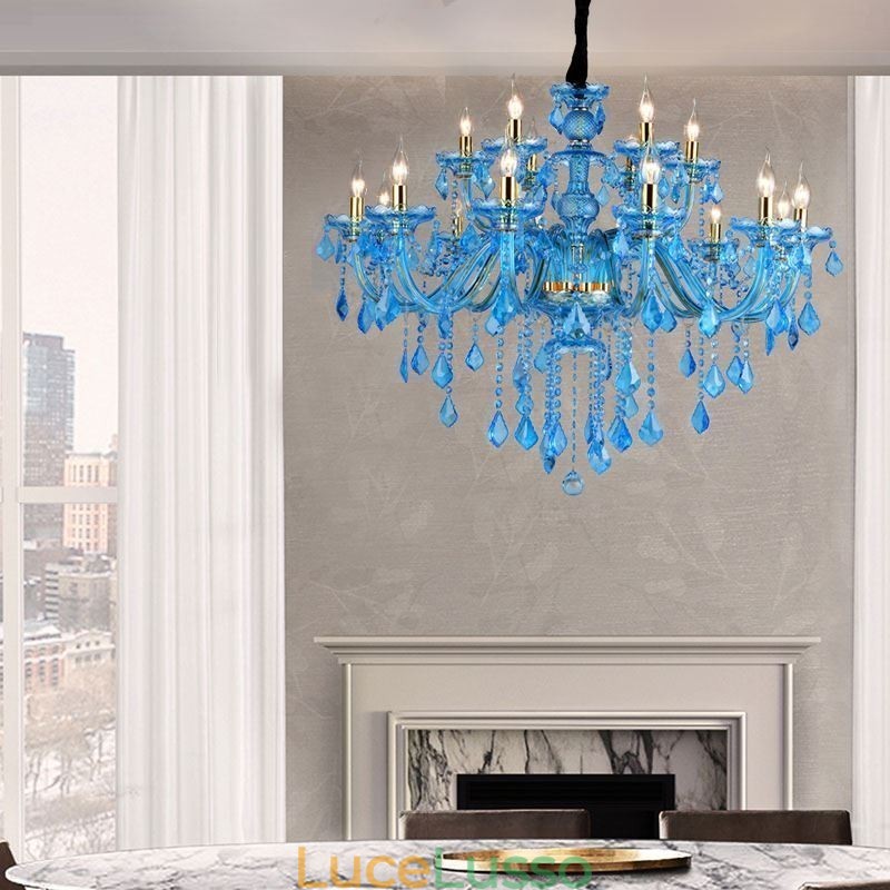 Grande lampadario di cristallo blu europeo