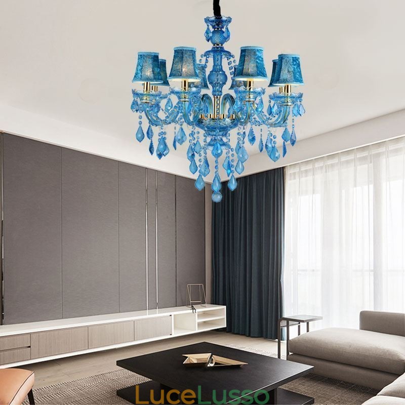 Grande lampadario di cristallo blu europeo