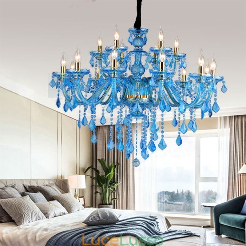 Grande lampadario di cristallo blu europeo