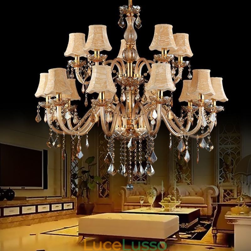 Grande lampadario di cristallo di lusso, luce da soffitto europea color ambra