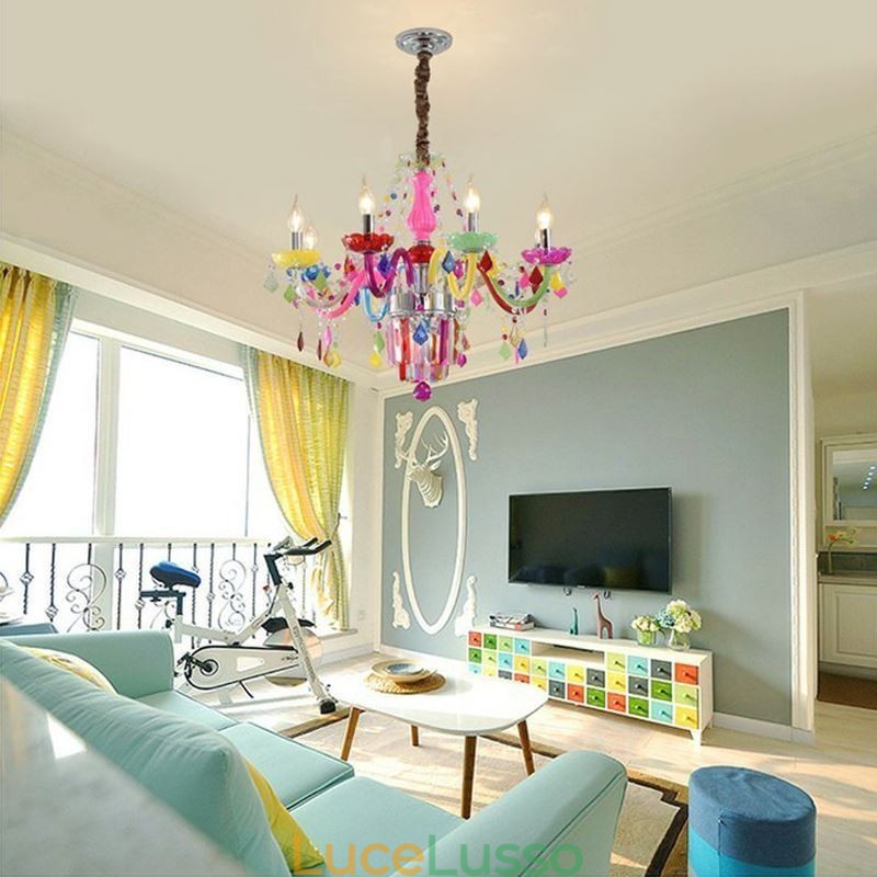Lampadario di cristallo colorato, lampada a sospensione unica europea