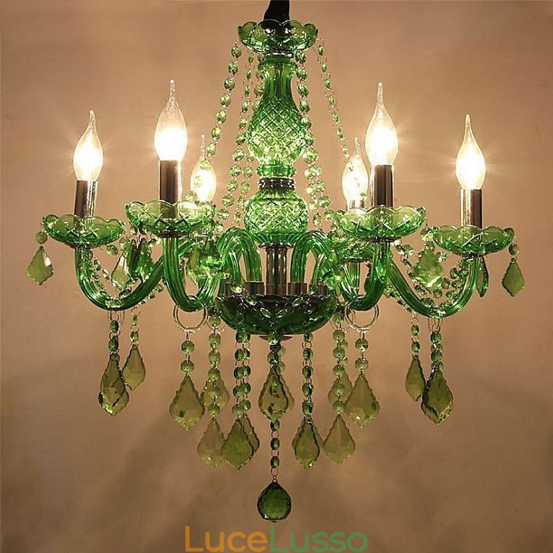Lampadario di cristallo unico in stile europeo, luce pendente verde erba