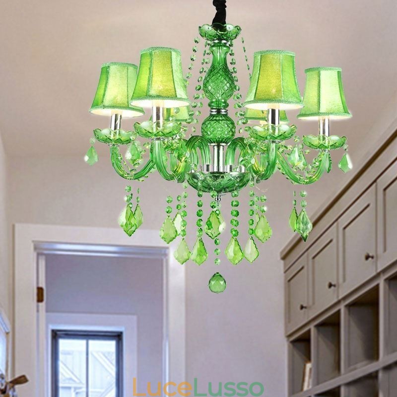 Lampadario di cristallo unico in stile europeo, luce pendente verde erba