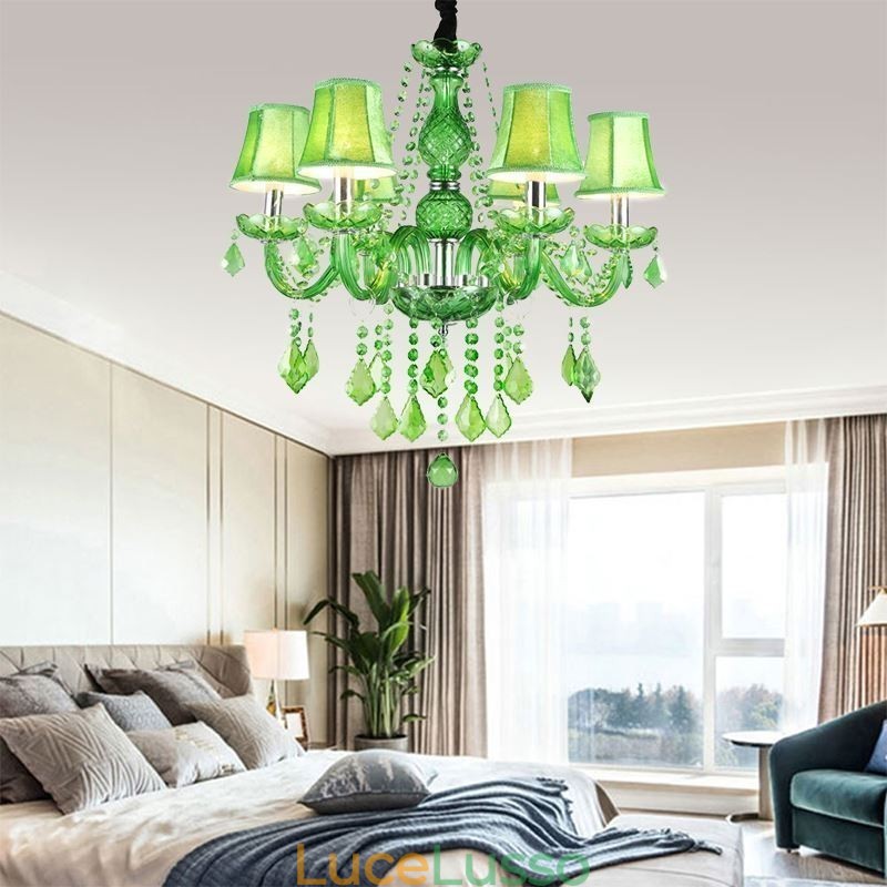 Lampadario di cristallo unico in stile europeo, luce pendente verde erba