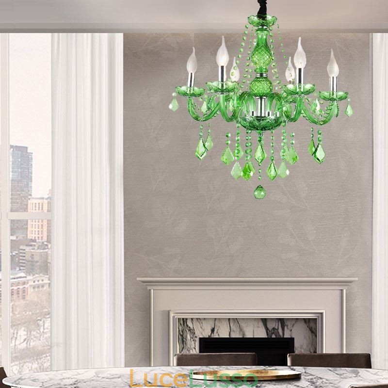 Lampadario di cristallo unico in stile europeo, luce pendente verde erba