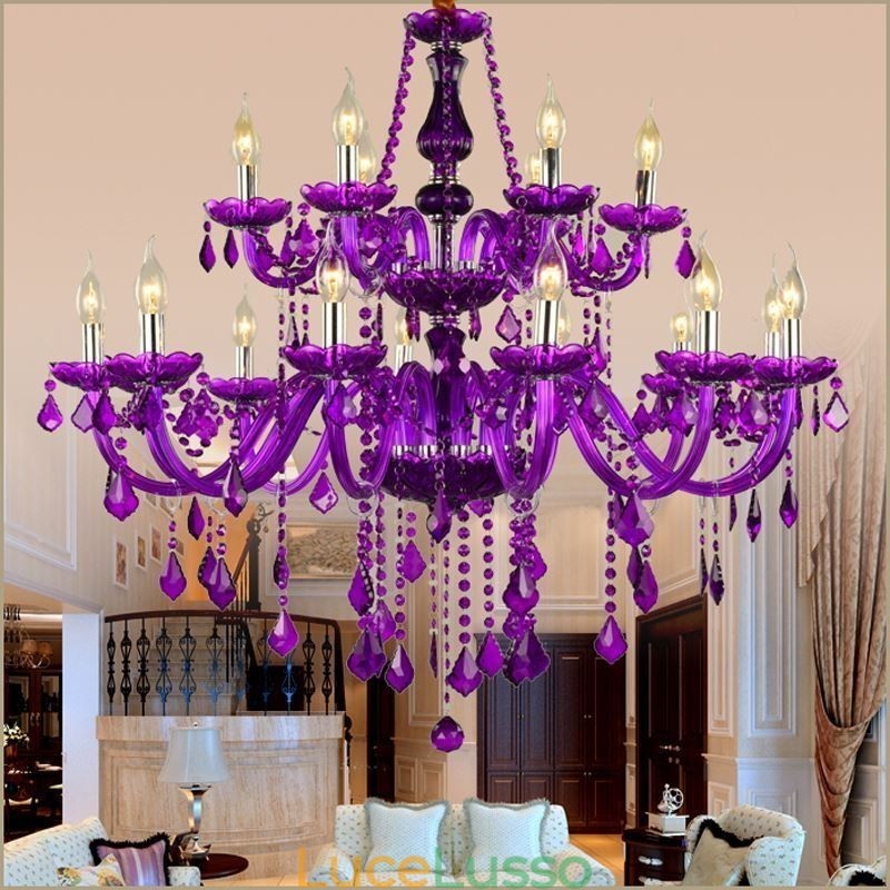 Lampadario di cristallo in stile europeo, luce pendente viola