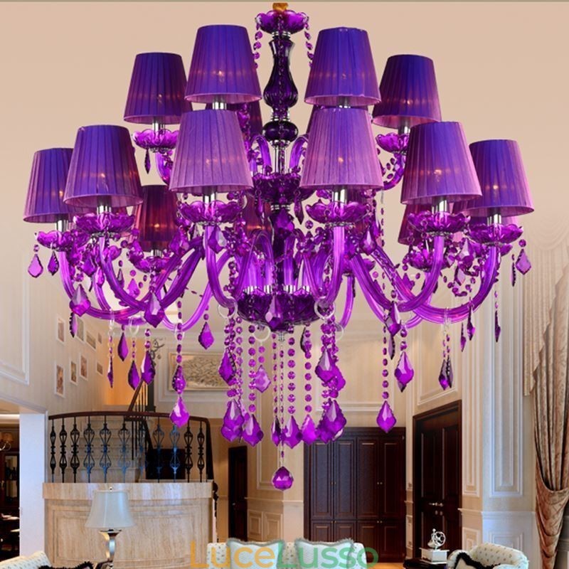 Lampadario di cristallo in stile europeo, luce pendente viola