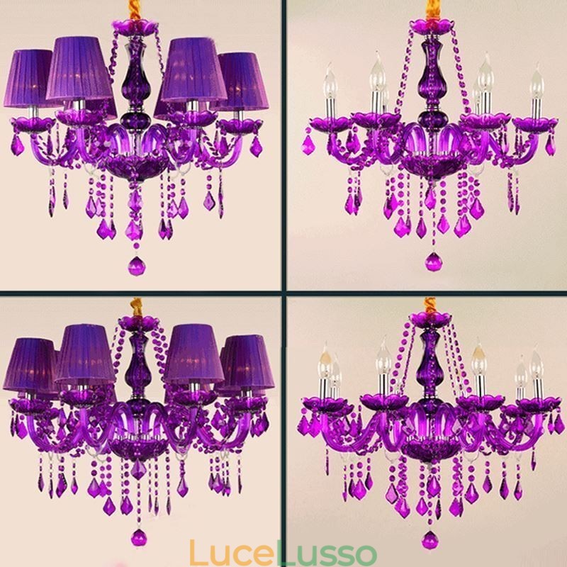 Elegante lampadario di cristallo in stile europeo, luce pendente viola