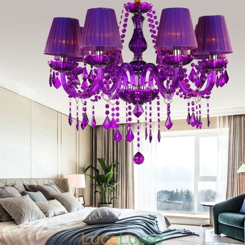 Elegante lampadario di cristallo in stile europeo, luce pendente viola