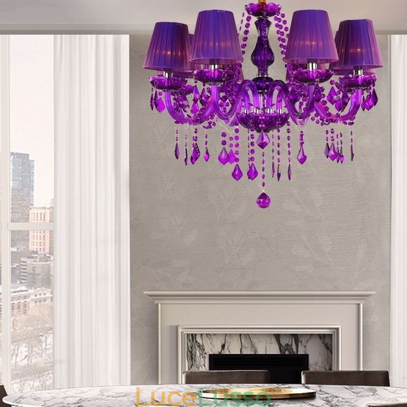 Elegante lampadario di cristallo in stile europeo, luce pendente viola