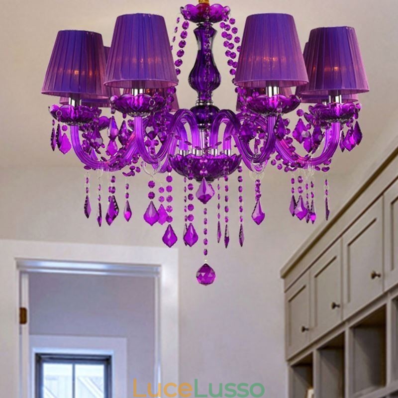 Elegante lampadario di cristallo in stile europeo, luce pendente viola