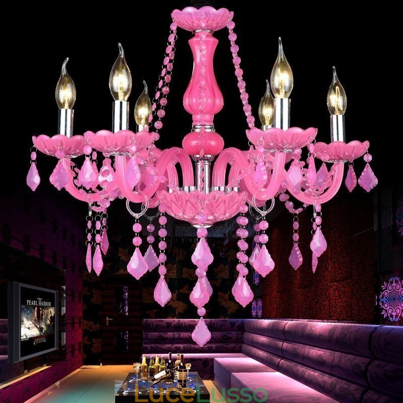 Lampadario di cristallo in stile europeo, luce pendente rosa romantica