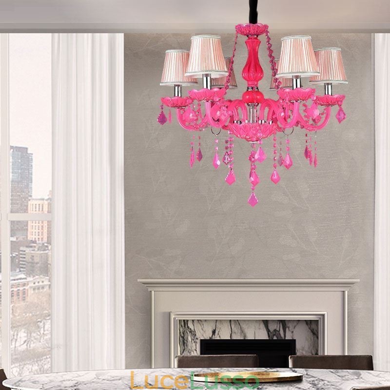 Lampadario di cristallo in stile europeo, luce pendente rosa romantica
