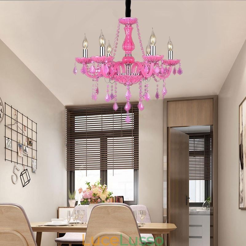 Lampadario di cristallo in stile europeo, luce pendente rosa romantica
