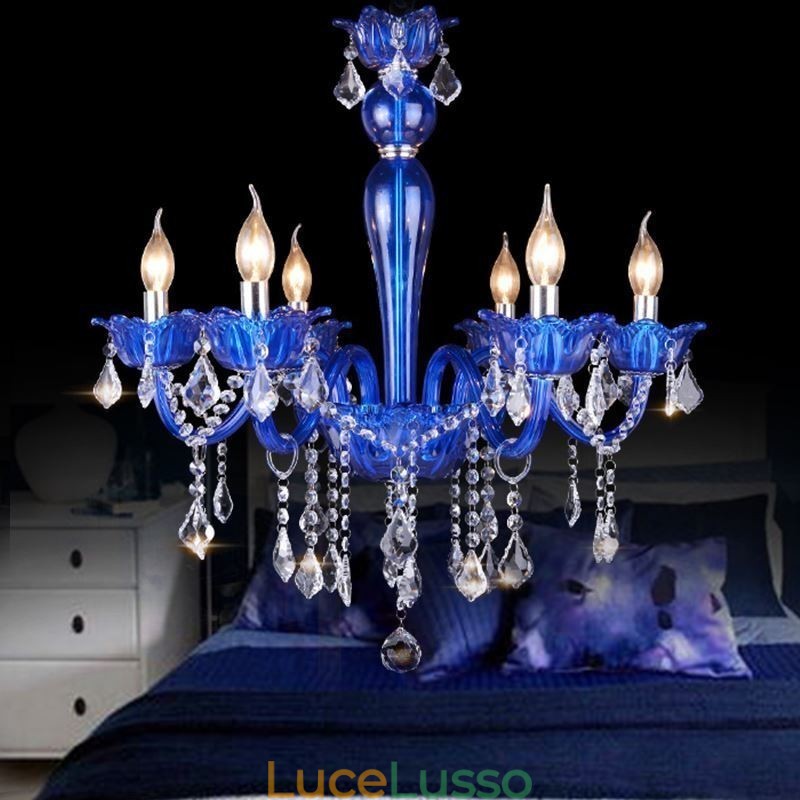 Lampadario di cristallo in stile europeo, lampada a sospensione in vetro di cristallo blu