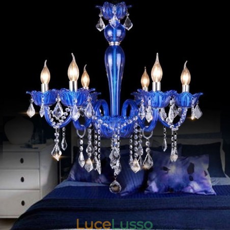 Lampadario di cristallo in stile europeo, lampada a sospensione in vetro di cristallo blu Lampadario di cristallo in stile europeo, lampada a sospensione in vetro di cristallo blu