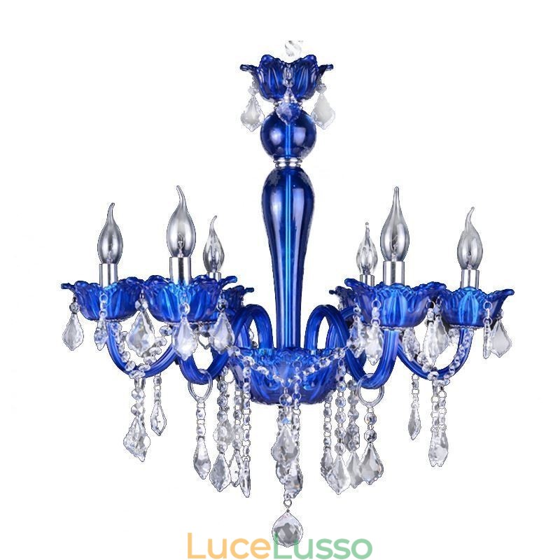 Lampadario di cristallo in stile europeo, lampada a sospensione in vetro di cristallo blu