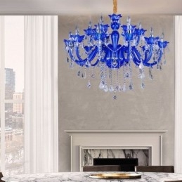 Lampadario di cristallo in stile europeo, lampada a sospensione in vetro di cristallo blu