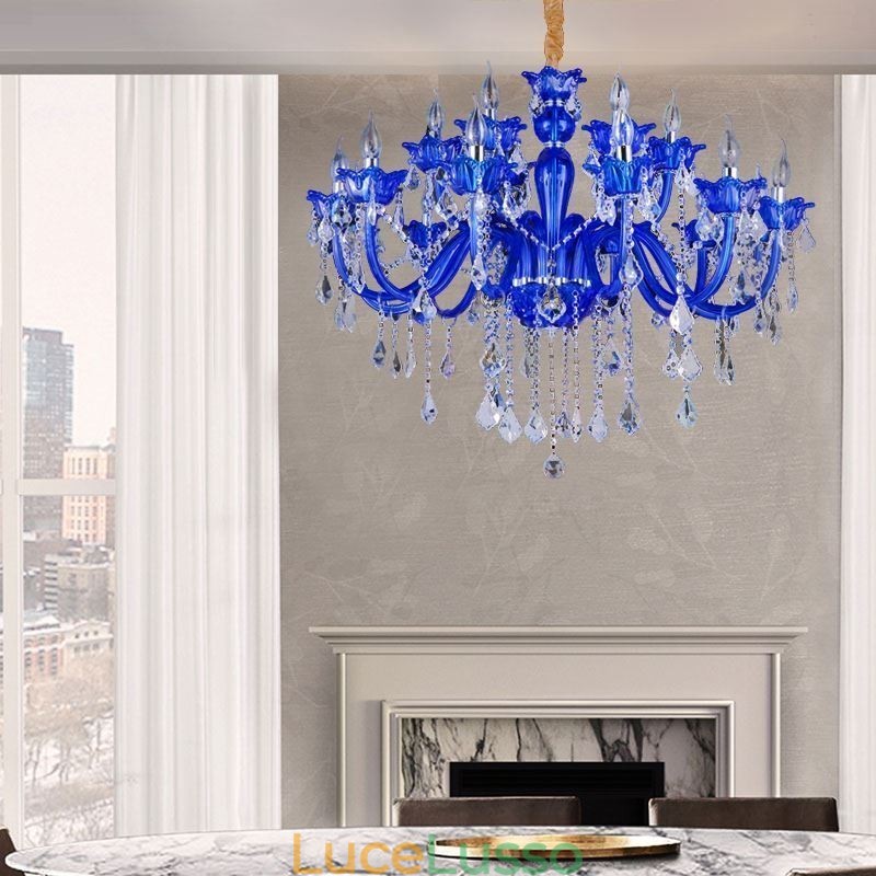 Lampadario di cristallo in stile europeo, lampada a sospensione in vetro di cristallo blu