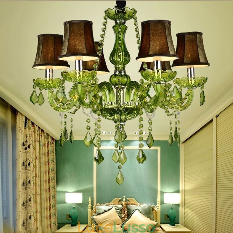 Lampadario di cristallo in stile europeo, luce pendente verde unica