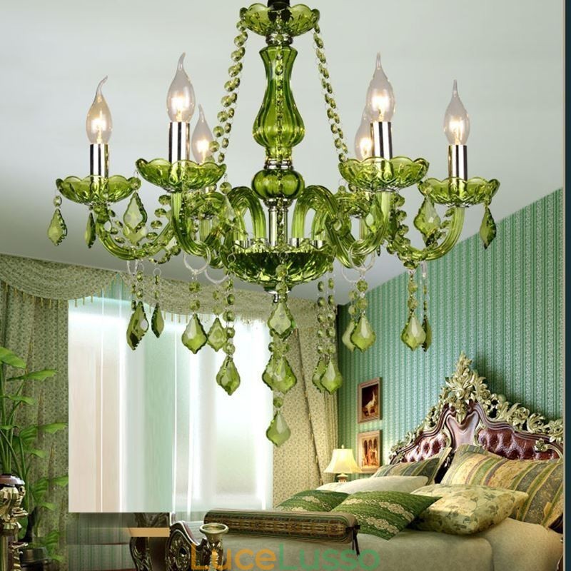 Lampadario di cristallo in stile europeo, luce pendente verde unica