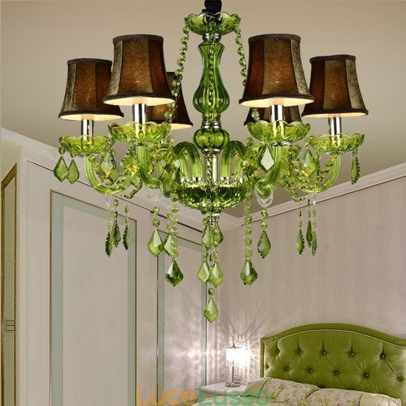 Lampadario di cristallo in stile europeo, luce pendente verde unica