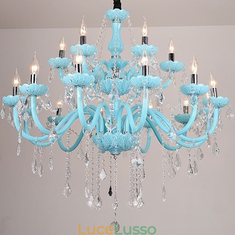 Lampadario europeo di cristallo di grandi dimensioni, colore blu, luce pendente