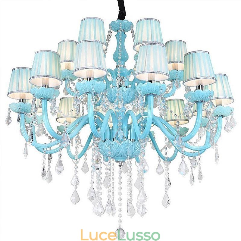 Lampadario europeo di cristallo di grandi dimensioni, colore blu, luce pendente