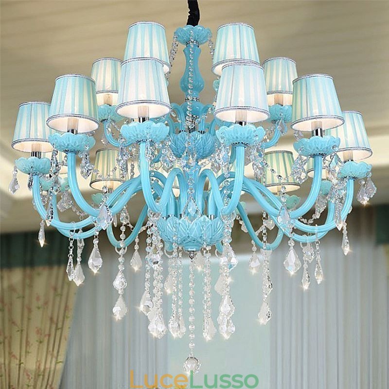 Lampadario europeo di cristallo di grandi dimensioni, colore blu, luce pendente