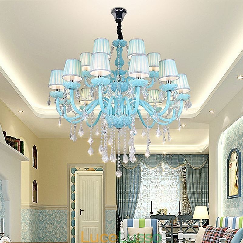 Lampadario europeo di cristallo di grandi dimensioni, colore blu, luce pendente