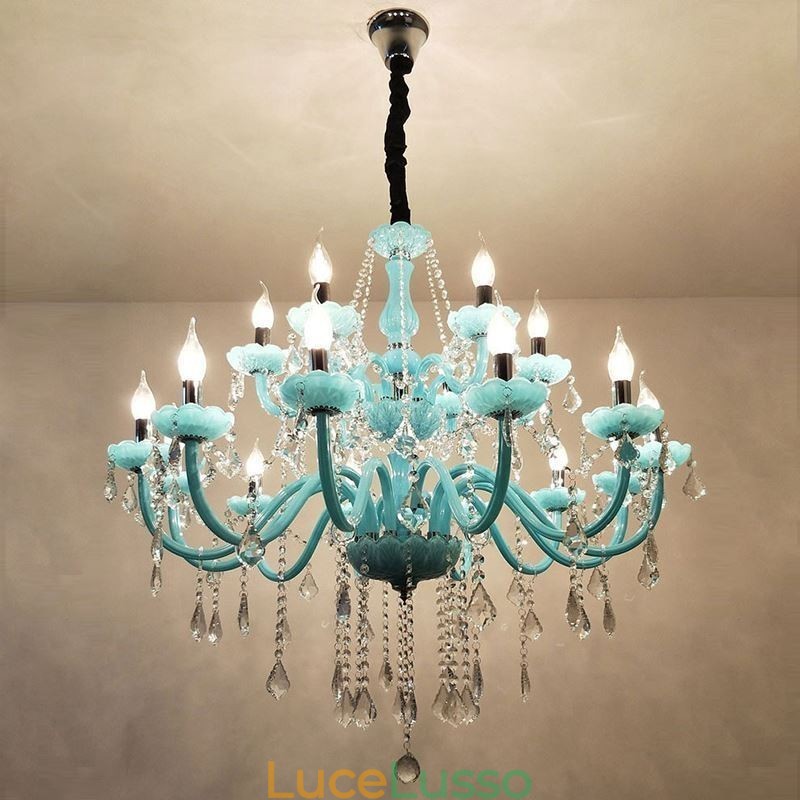 Lampadario europeo di cristallo di grandi dimensioni, colore blu, luce pendente