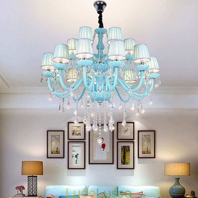 Lampadario europeo di cristallo di grandi dimensioni, colore blu, luce pendente