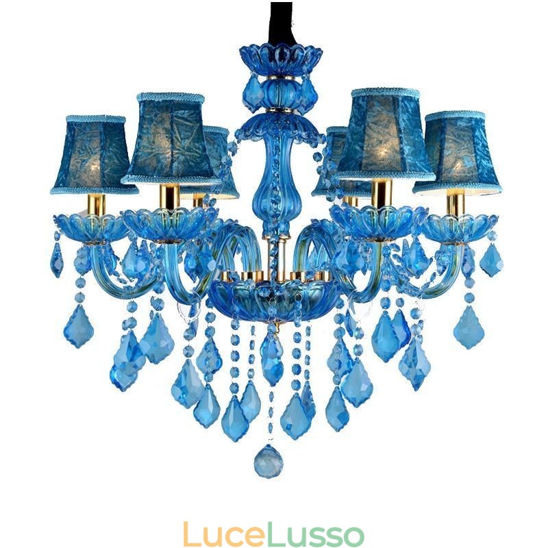 Elegante lampadario di cristallo europeo blu luce pendente