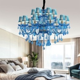 Elegante lampadario di cristallo europeo blu luce pendente