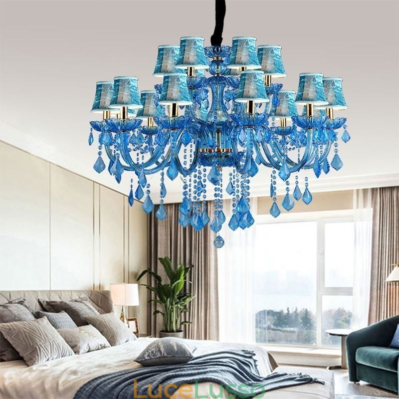 Elegante lampadario di cristallo europeo blu luce pendente