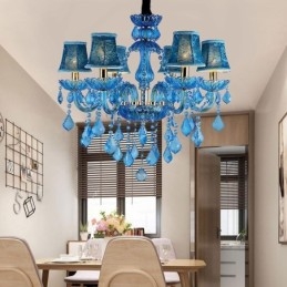 Elegante lampadario di cristallo europeo blu luce pendente