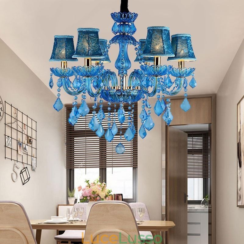 Elegante lampadario di cristallo europeo blu luce pendente