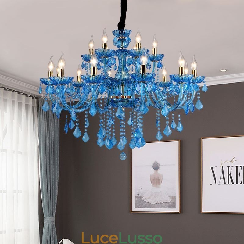Elegante lampadario di cristallo europeo blu luce pendente