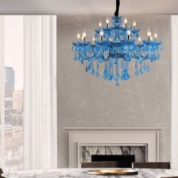 Elegante lampadario di cristallo europeo blu luce pendente