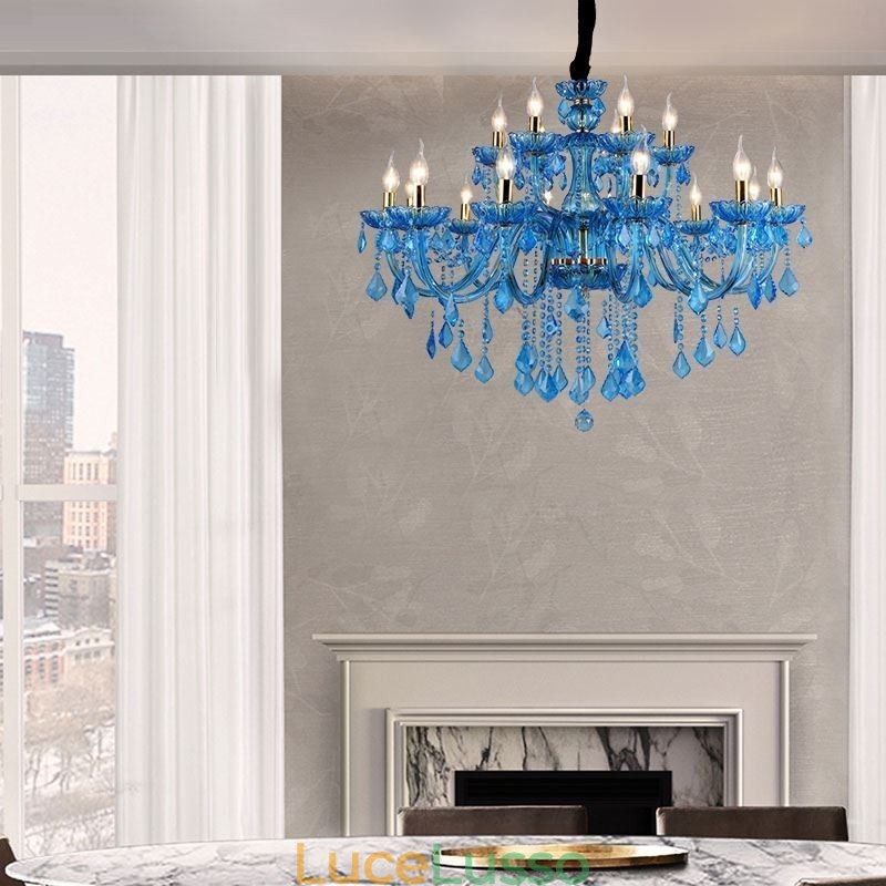 Elegante lampadario di cristallo europeo blu luce pendente