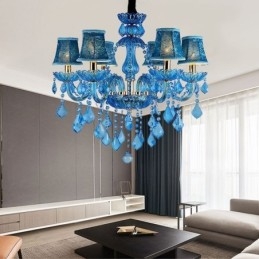 Elegante lampadario di cristallo europeo blu luce pendente