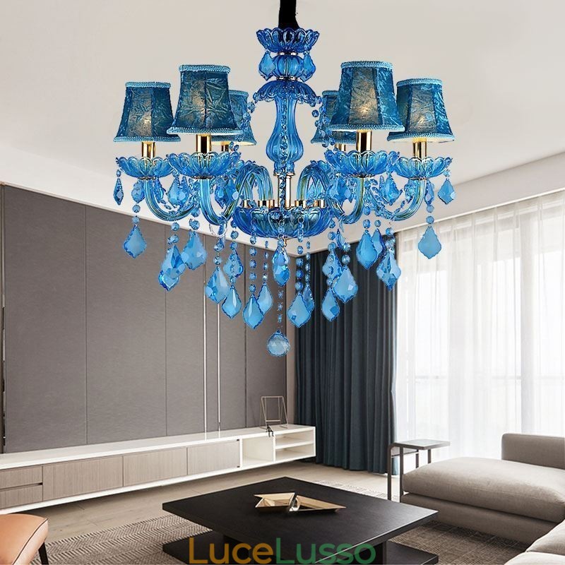 Elegante lampadario di cristallo europeo blu luce pendente