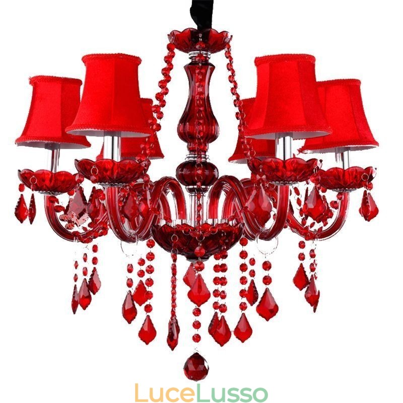 Lampadario di cristallo di lusso, luce pendente di colore rosso europeo