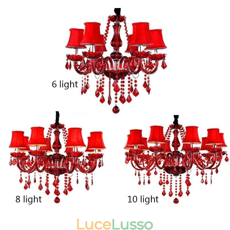 Lampadario di cristallo di lusso, luce pendente di colore rosso europeo
