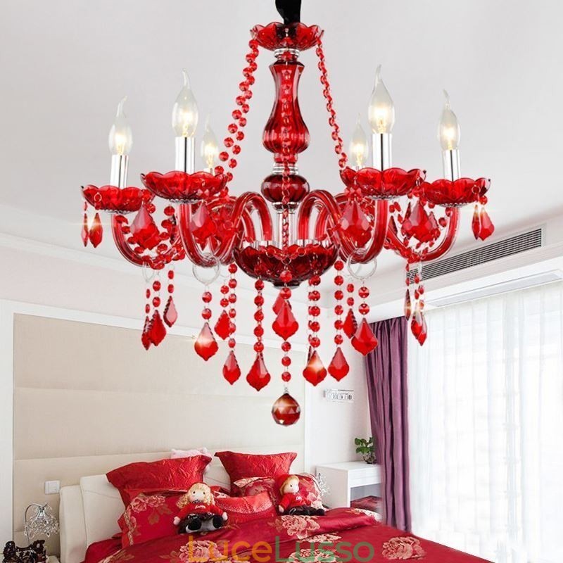Lampadario di cristallo di lusso, luce pendente di colore rosso europeo