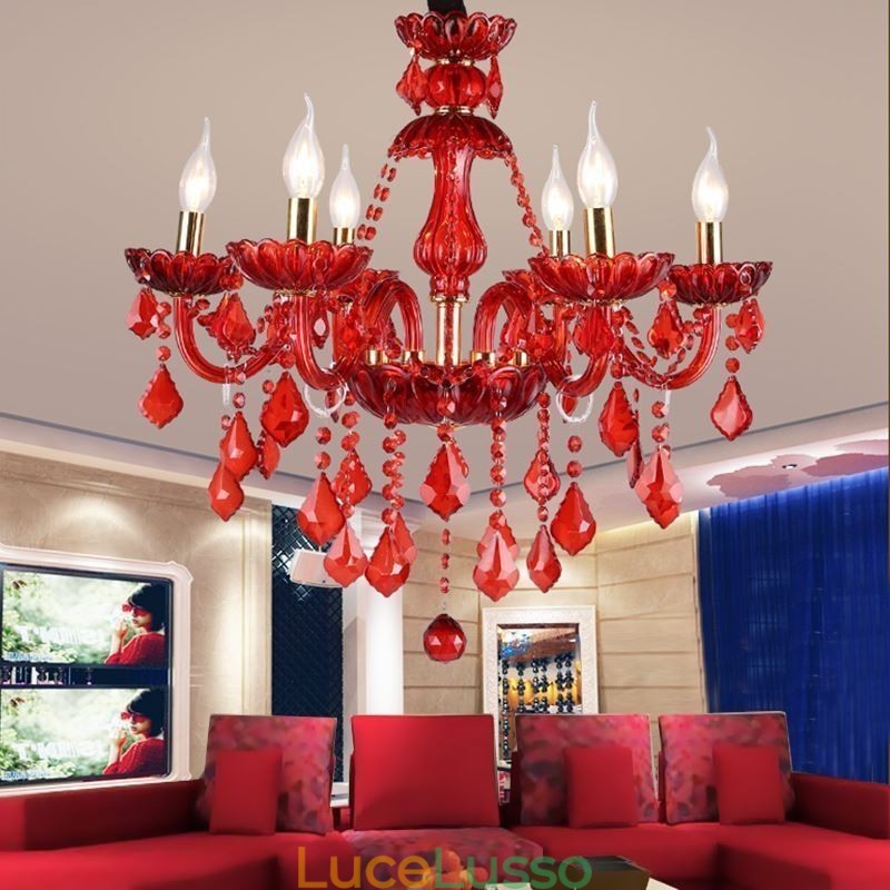 Lampadario di cristallo europeo elegante colore rosso luce pendente